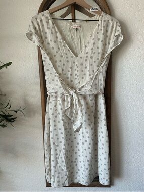 Rebecca Taylor 100% Silk Polka Dot Wrap Dress Ivory Gray Tie Waist Size 10